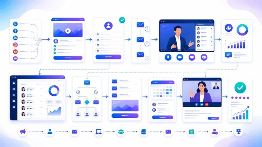 Lead Generation Workflow Templates - Webinar marketing workflow showing registration, reminders, live presentation, follow-up emails, and sales conversion.