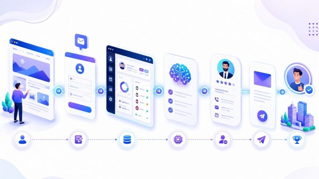 Website contact form workflow connecting visitors to CRM, sales qualification, follow-up, and customer conversion.