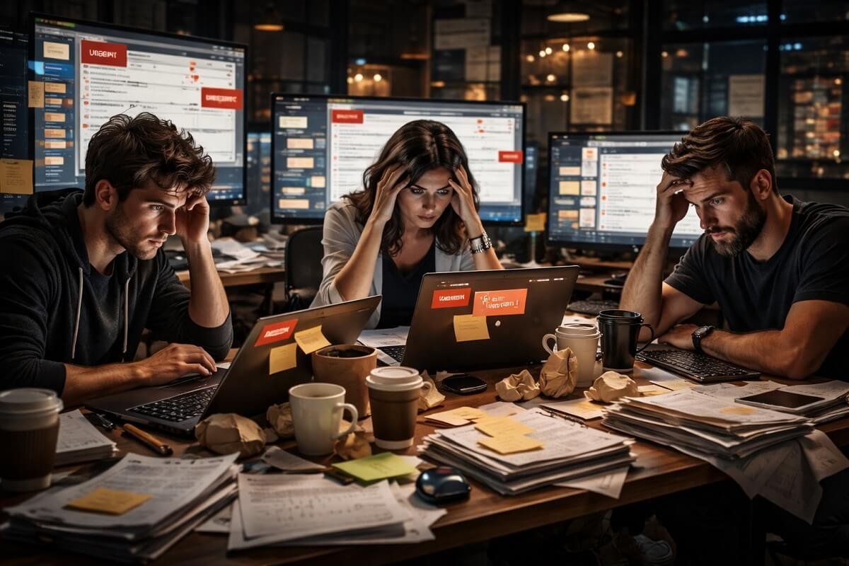 stressed small business team overwhelmed with tasks