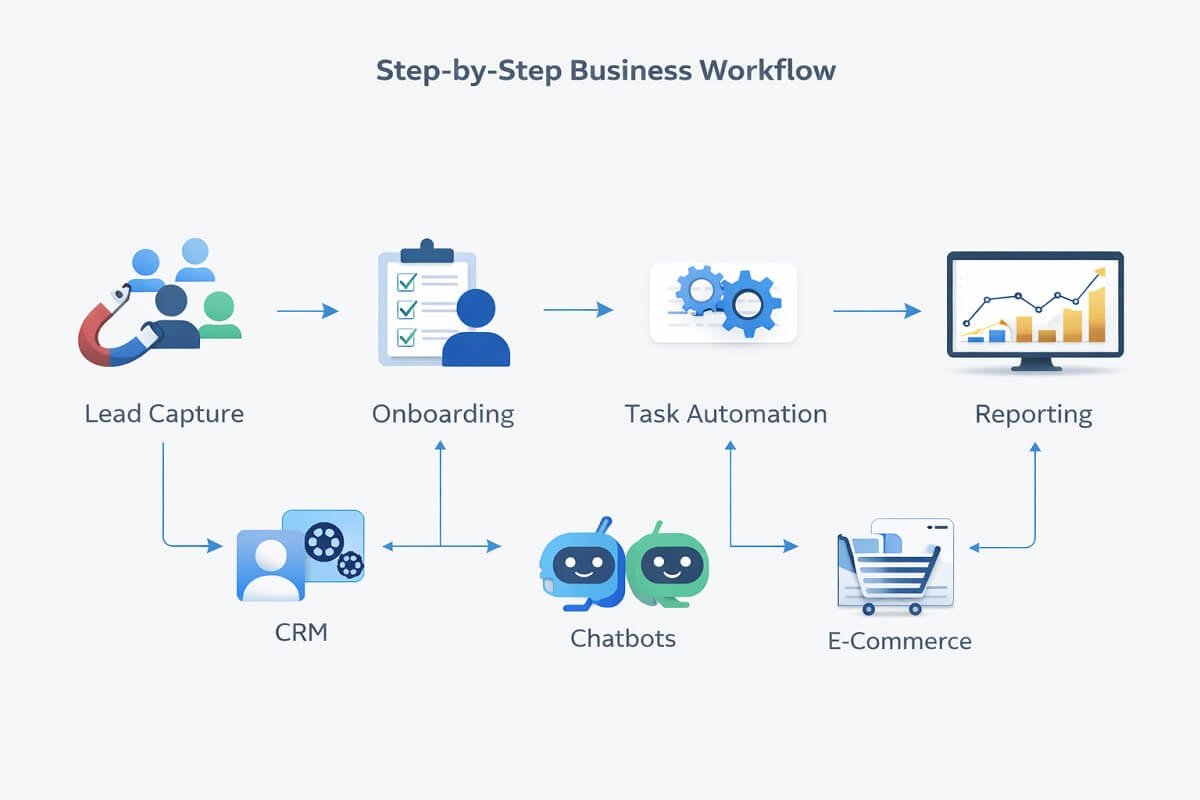 step by step business workflow diagram, lead capture to onboarding to task automation to reporting