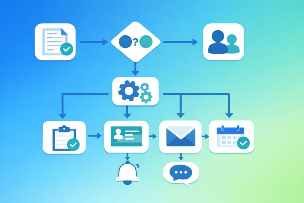 Simple CRM workflow diagram showing trigger, condition, and automated actions.