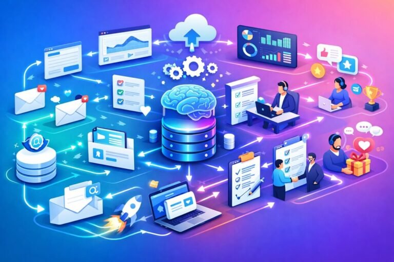 CRM workflow templates illustrating an automated sales pipeline from lead capture to customer retention.