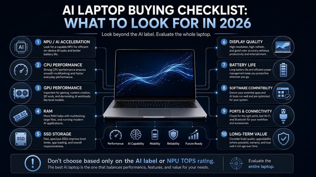 AI laptop buying guide with NPU CPU GPU RAM storage and battery checklist