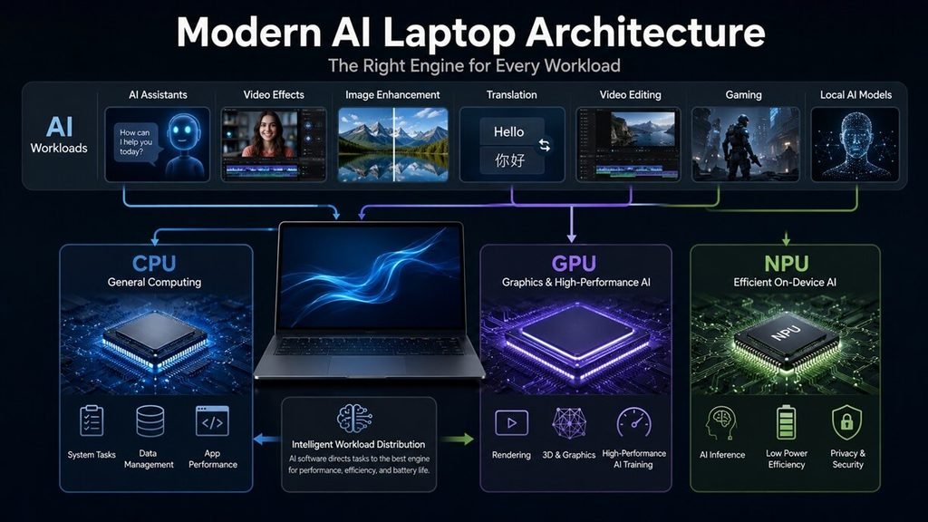 AI laptop CPU GPU and NPU architecture for on-device AI