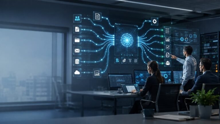 AI Operations Management connecting business processes, AI systems, workflows, and human oversight
