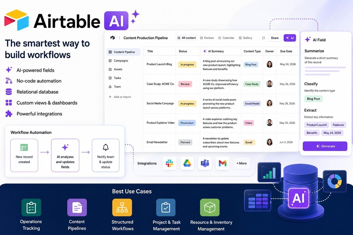 Airtable AI workflow automation dashboard showing AI-powered data management, workflow automation, reporting dashboards, and business process optimization.