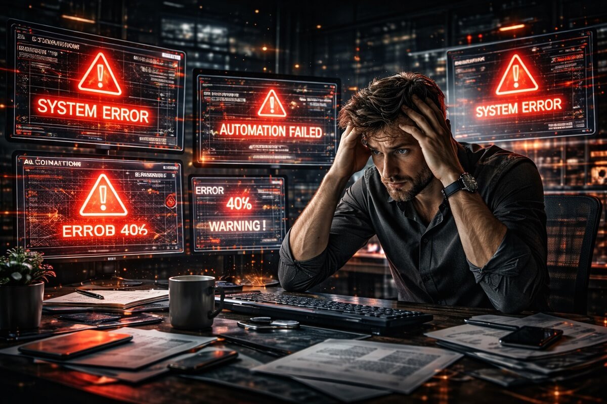 warning concept, broken automation system, error alerts on screen, red warning icons, confused business owner, dark tone.