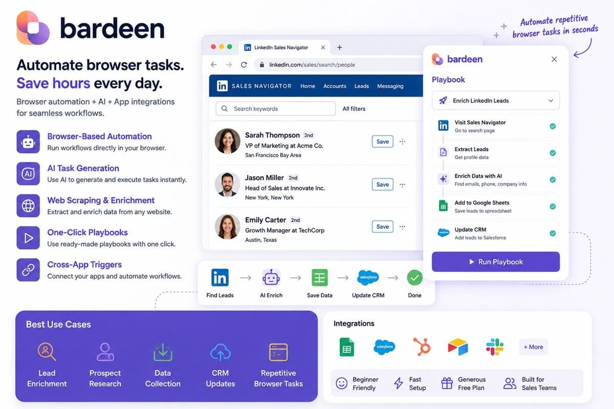 Bardeen browser automation platform displaying AI-powered lead enrichment, web scraping, CRM updates, and browser-based workflow automation.