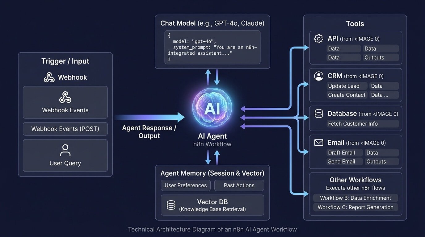 n8n AI agent architecture showing triggers, AI model, memory, tools, APIs, CRM, and databases