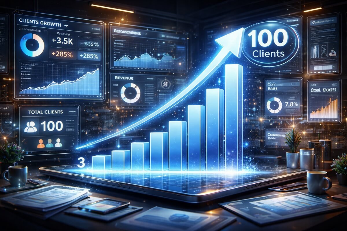 business growth chart skyrocketing upward, digital dashboard analytics, client growth from 3 to 100business growth chart skyrocketing upward, digital dashboard analytics, client growth from 3 to 100.