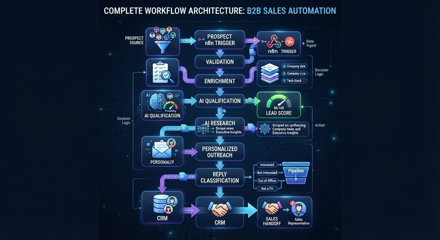 Complete n8n AI SDR workflow from prospect source and lead validation to AI qualification, outreach, CRM, and sales handoff