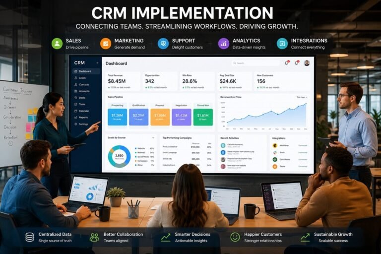 CRM implementation guide showing business teams deploying a customer relationship management system