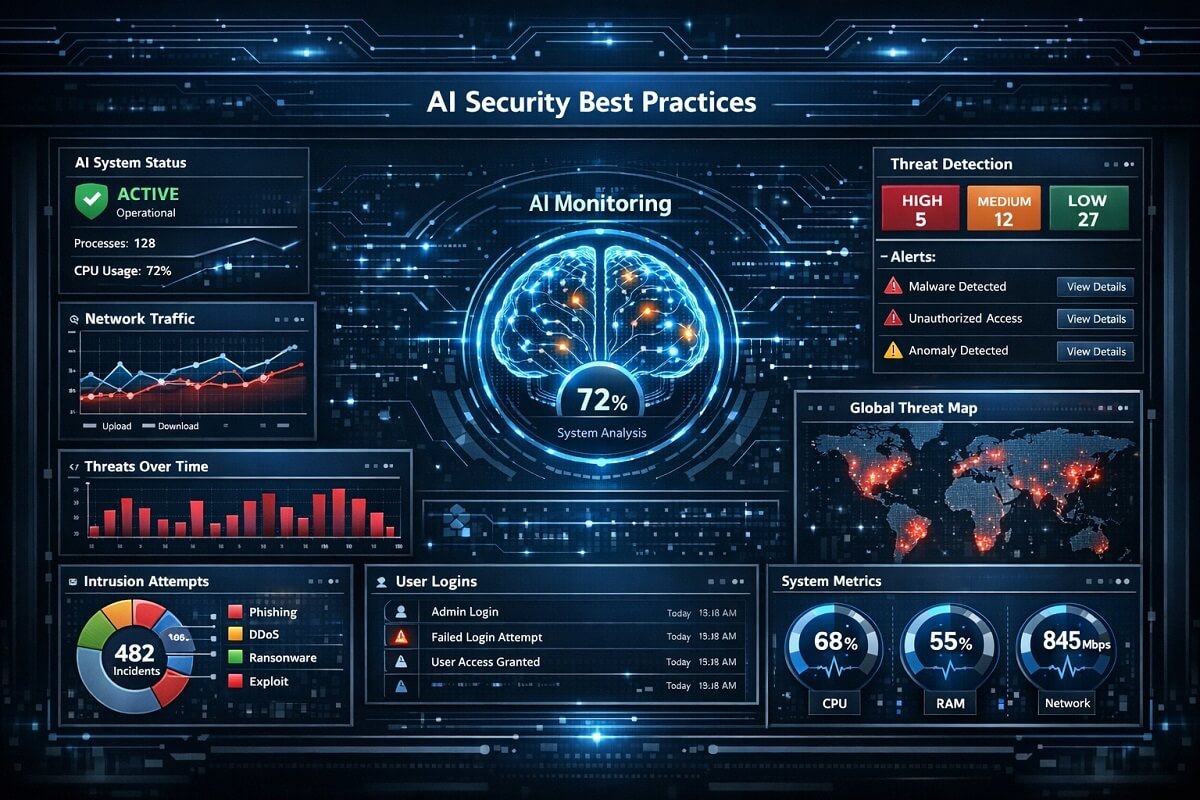 AI security monitoring tools dashboard for detecting threats
