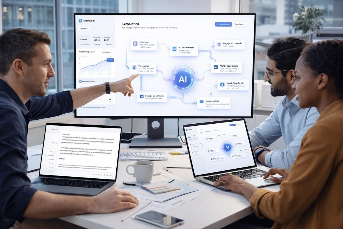 Marketing team using AI automation tools for scalable lead generation