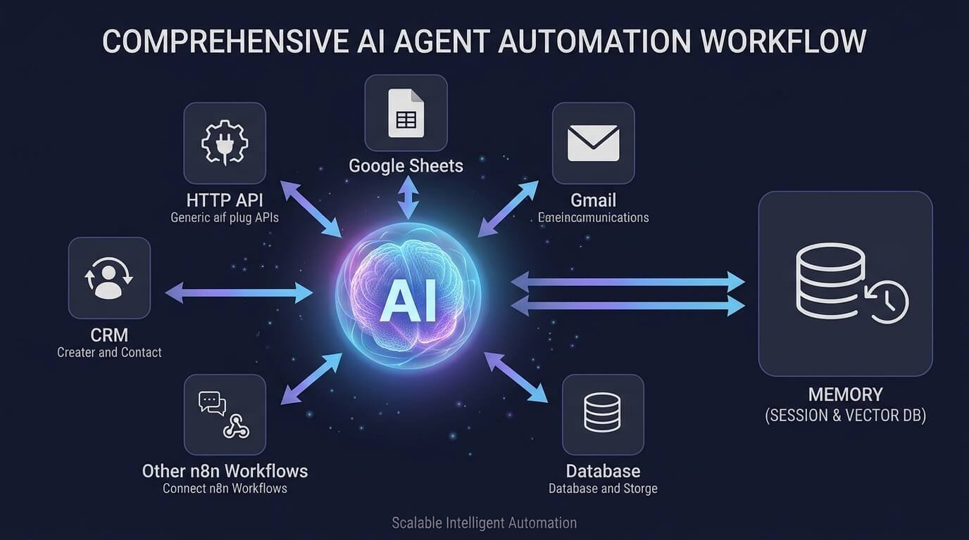 n8n AI agent connected to tools including APIs, CRM, email, databases, and memory