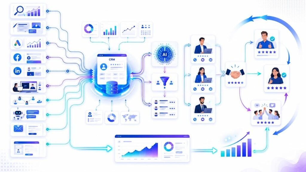 Complete lead generation ecosystem connecting marketing channels, CRM automation, AI, sales, customers, and referrals.