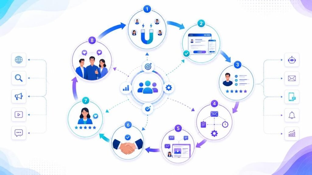 Summary infographic illustrating the complete lead generation process from attracting visitors to converting loyal customers.
