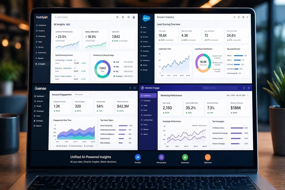 AI tools for B2B predictive analytics showing dashboards and sales insights
