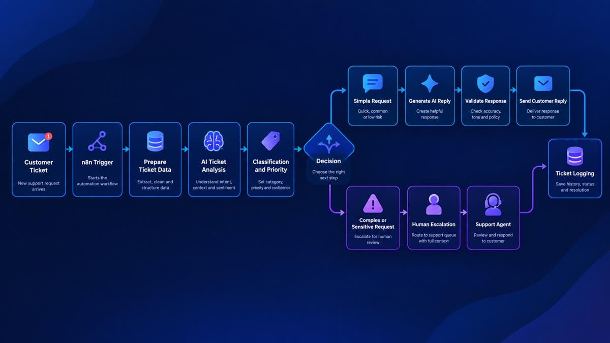n8n AI customer support workflow architecture showing ticket analysis, automated replies, and human escalation