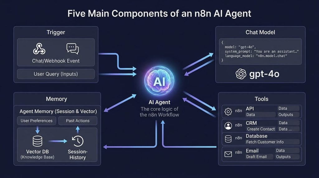 Five core components of an n8n AI agent: trigger, AI agent, chat model, tools, and memory