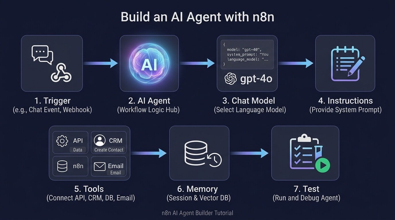 Step-by-step process for building an AI agent with n8n