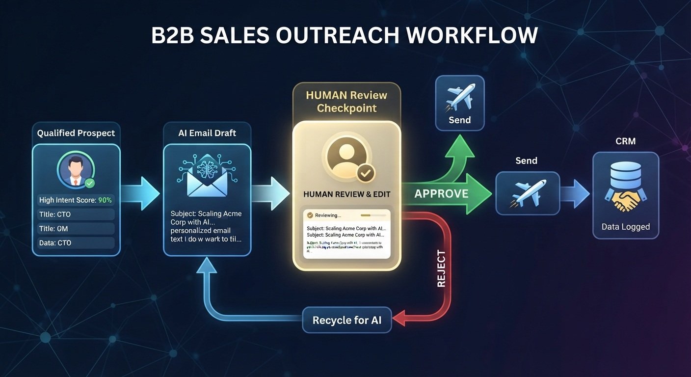 n8n AI outreach workflow creating personalized email drafts with human approval before sending