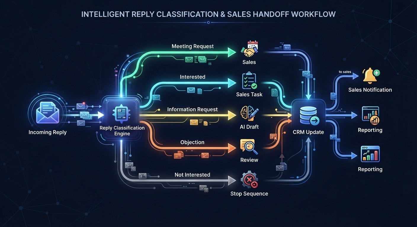 n8n AI reply classification workflow routing sales responses to CRM updates, notifications, and sales handoff