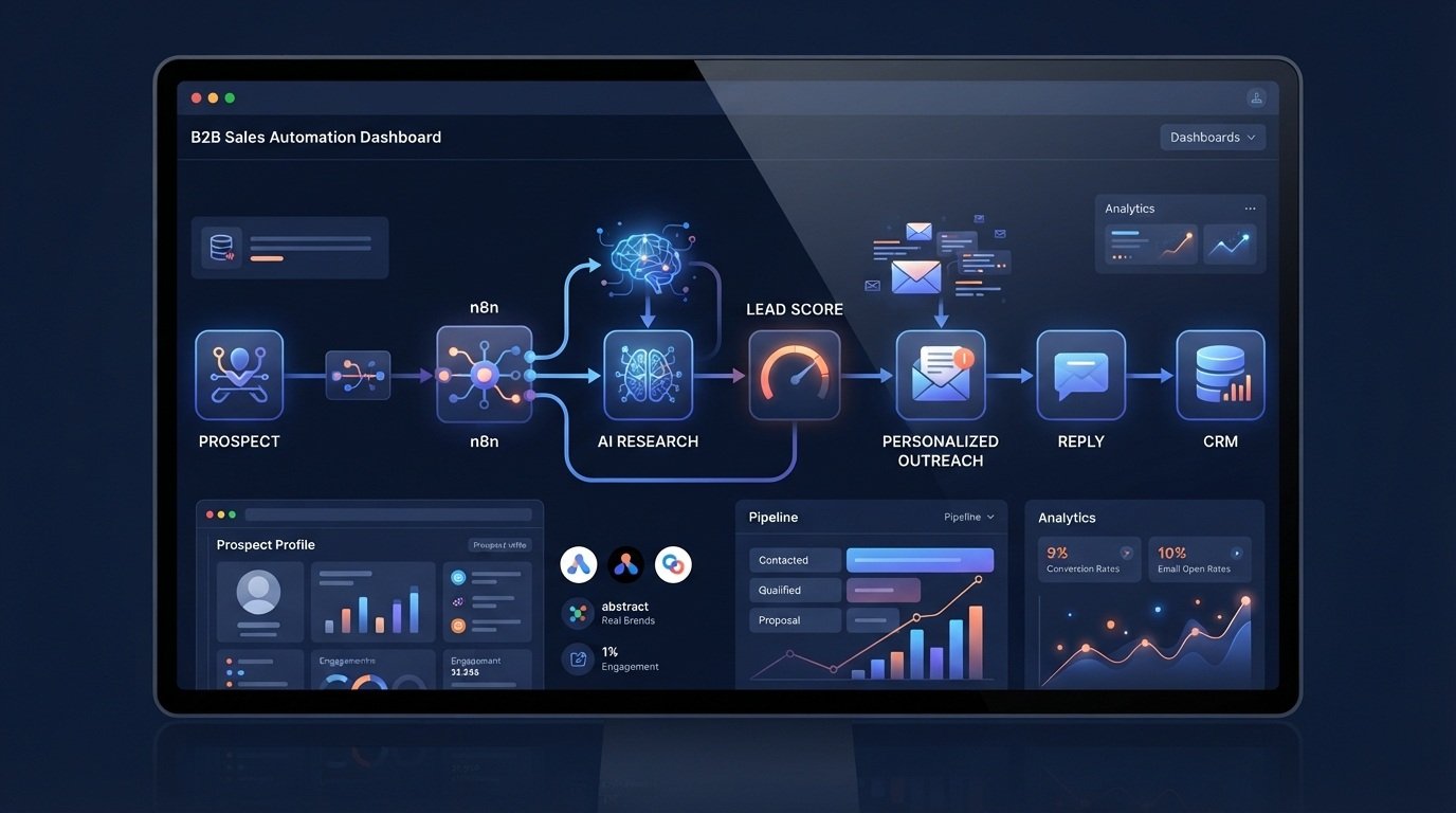 n8n AI SDR workflow automating prospect research, lead qualification, personalized outreach, and CRM updates