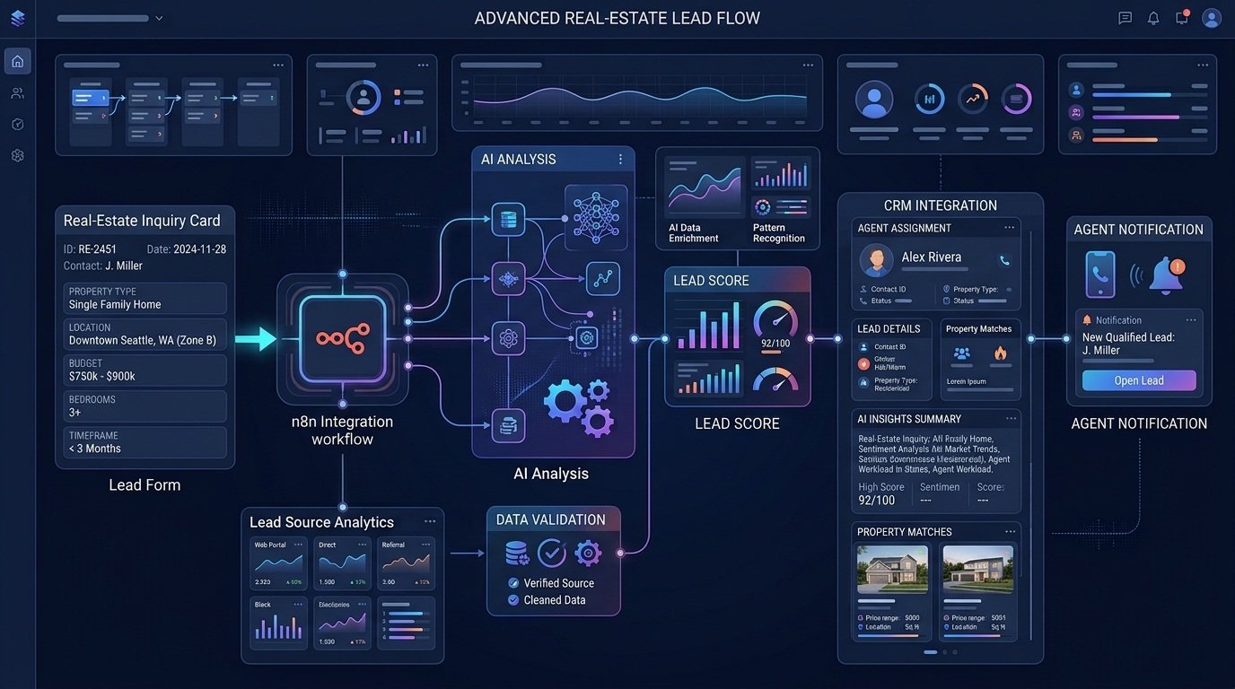 AI real estate lead qualification workflow using n8n, lead scoring, CRM, and agent notification