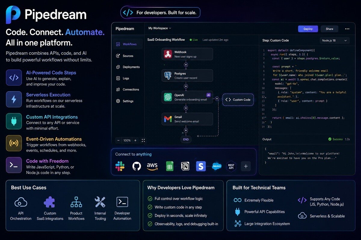 Pipedream workflow automation platform featuring AI-powered code execution, API integrations, serverless workflows, and developer automation tools.