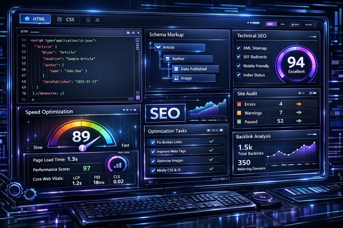 website backend dashboard, code, schema markup structure, speed optimization, technical SEO concept, futuristic UI
