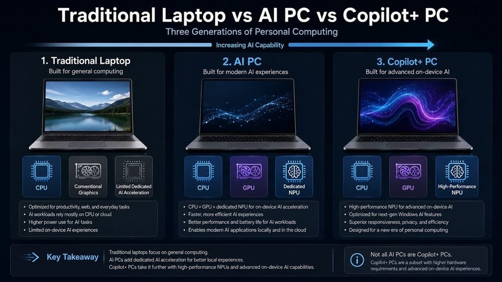 Traditional laptop vs AI PC vs Copilot Plus PC comparison