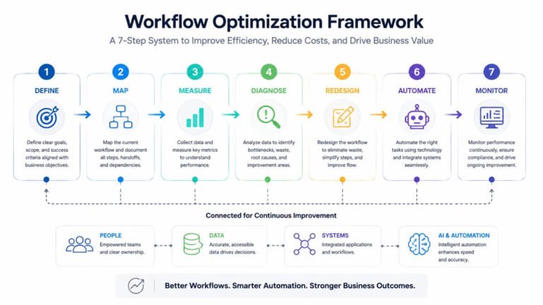 Workflow Optimization Framework showing seven steps from defining and mapping a workflow to measuring, redesigning, automating, and monitoring it