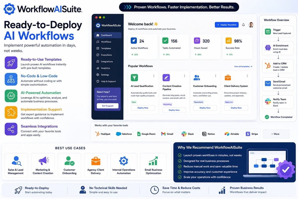 WorkflowAISuite ready-to-deploy AI workflow platform showcasing pre-built automation templates, business process automation, and workflow implementation systems.